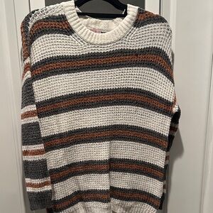 Pink Lily Striped Crew Neck Sweater - White, Gray, Brown